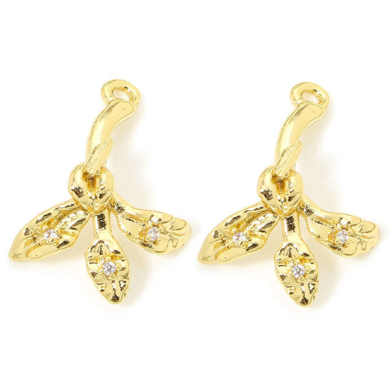 Picture of 2 PCs Eco-friendly Brass Charms 18K Gold Plated Leaf Clear Cubic Zirconia 20mm x 15mm