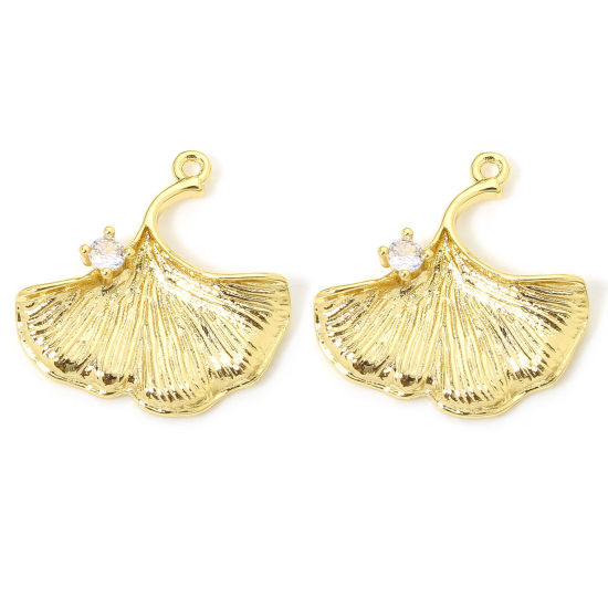 Image de 2 Pcs Breloques en Laiton Respectueux de la Nature Feuille de Ginkgo Plaqué Or 18K à Zircone Cubique Clair 19mm x 19mm