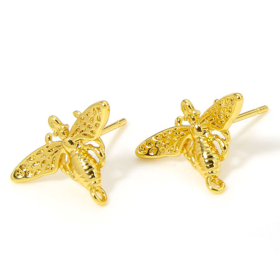 Picture of 2 PCs Hypoallergenic Brass Cute Earring Accessories 18K Gold Plated Bee Animal 16.5mm x 11.5mm, Post/ Wire Size: (21 gauge)