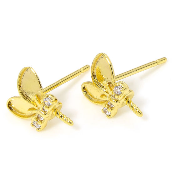 Picture of 2 PCs Hypoallergenic Brass Cute Earring Accessories 18K Gold Plated Rabbit Ears With Pearl Bead Bail Pin Clear Rhinestone 9mm x 8mm, Post/ Wire Size: (20 gauge)