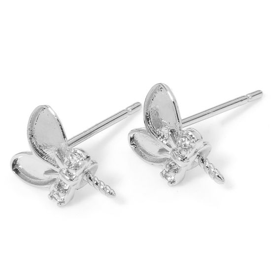 Picture of 2 PCs Hypoallergenic Brass Cute Earring Accessories Platinum Plated Rabbit Ears With Pearl Bead Bail Pin Clear Rhinestone 9mm x 8mm, Post/ Wire Size: (20 gauge)