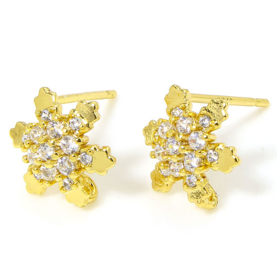 Picture of 2 PCs Hypoallergenic Brass Cute Earring Accessories 18K Gold Plated Christmas Snowflake Clear Rhinestone 10mm x 9mm, Post/ Wire Size: (20 gauge)