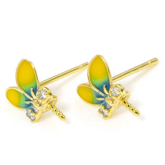 Picture of 2 PCs Hypoallergenic Brass Cute Earring Accessories 18K Gold Plated Green & Yellow Rabbit Ears With Pearl Bead Bail Pin Clear Rhinestone 9mm x 8mm, Post/ Wire Size: (20 gauge)