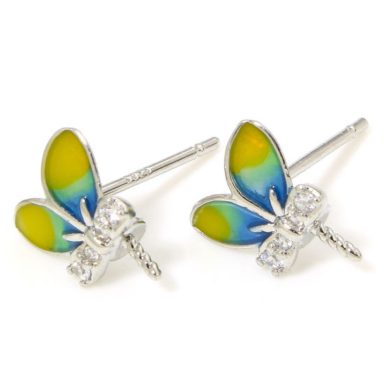 Picture of 2 PCs Hypoallergenic Brass Cute Earring Accessories Platinum Plated Green & Yellow Rabbit Ears With Pearl Bead Bail Pin Clear Rhinestone 9mm x 8mm, Post/ Wire Size: (20 gauge)