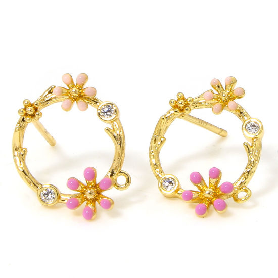 Bild von 1 Paar Hypoallergen Messing Retro Ohrringzubehör 18K Gold Plattiert Rosa Blumen Message " Emaille " Klar Zirkonia 13.5mm x 12.5mm, Drahtstärke: (20 gauge)