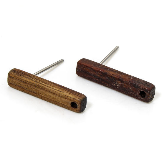Picture of 2 PCs Natural Wood Ear Post Stud Earrings Findings Rectangle Brown With Loop 18mm x 3.5mm, Post/ Wire Size: (21 gauge)