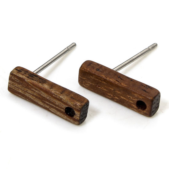 Picture of 2 PCs Natural Wood Ear Post Stud Earrings Findings Rectangle Brown With Loop 12mm x 3.5mm, Post/ Wire Size: (21 gauge)