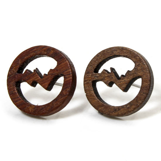 Picture of 2 PCs Natural Wood Ear Post Stud Earrings Findings Round Brown Mountain Hollow 16mm Dia., Post/ Wire Size: (21 gauge)
