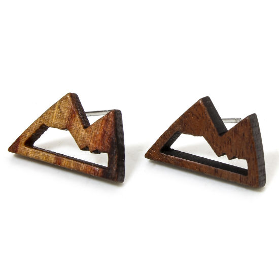 Picture of 2 PCs Natural Wood Ear Post Stud Earrings Findings Mountain Brown Hollow 16mm x 10mm, Post/ Wire Size: (21 gauge)