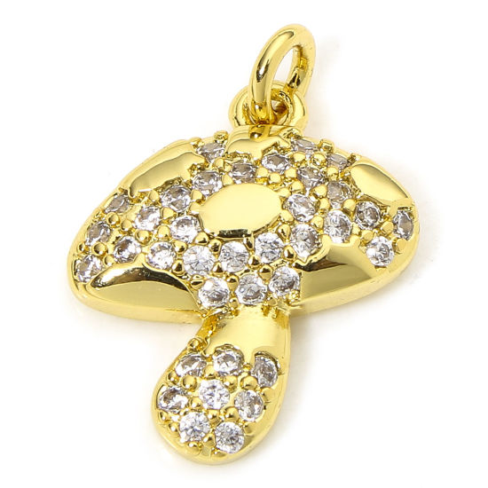 Image de 1 Piece Eco-friendly Brass Micro Pave Charms 18K Real Gold Plated Mushroom Clear Cubic Zirconia 18mm x 13mm
