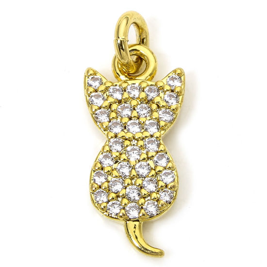 Image de 1 Piece Eco-friendly Brass Micro Pave Charms 18K Real Gold Plated Cat Animal Clear Cubic Zirconia 17mm x 7mm