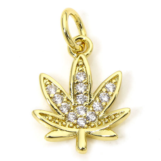 Image de 1 Piece Eco-friendly Brass Micro Pave Charms 18K Real Gold Plated Leaf Clear Cubic Zirconia 17mm x 11mm
