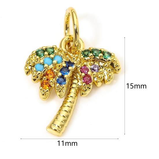 Picture of 1 Piece Eco-friendly Brass Micro Pave Charms 18K Real Gold Plated Coconut Palm Tree Multicolour Cubic Zirconia 15mm x 11mm