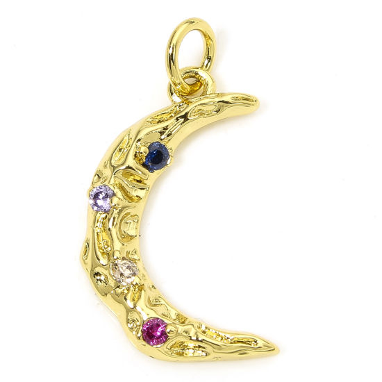 Image de 1 Piece Eco-friendly Brass Galaxy Charms 18K Real Gold Plated Half Moon Multicolour Cubic Zirconia 23mm x 12mm