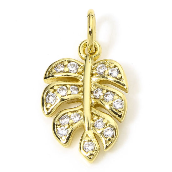 Image de 1 Piece Eco-friendly Brass Micro Pave Charms 18K Real Gold Plated Monstera Leaf Clear Cubic Zirconia 18mm x 9mm