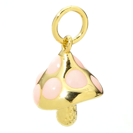 Image de 1 Piece Eco-friendly Brass Micro Pave Charms 18K Real Gold Plated Mushroom 3D Clear Cubic Zirconia Enamel 16mm x 9mm
