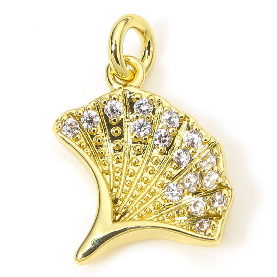 Изображение 1 Piece Eco-friendly Brass Charms 18K Real Gold Plated Gingko Leaf Clear Cubic Zirconia 14mm x 9mm