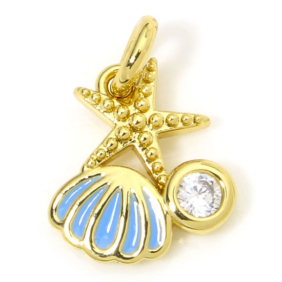 Изображение 1 Piece Eco-friendly Brass Ocean Jewelry Charms 18K Real Gold Plated Blue Shell Star Fish Clear Cubic Zirconia Enamel 12mm x 9mm