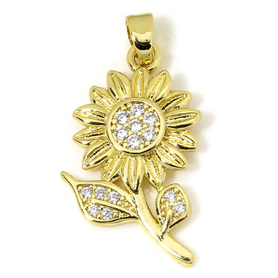 Picture of 1 Piece Brass Charm Pendant 18K Gold Plated Sunflower Micro Pave Clear Rhinestone 29mm x 15mm