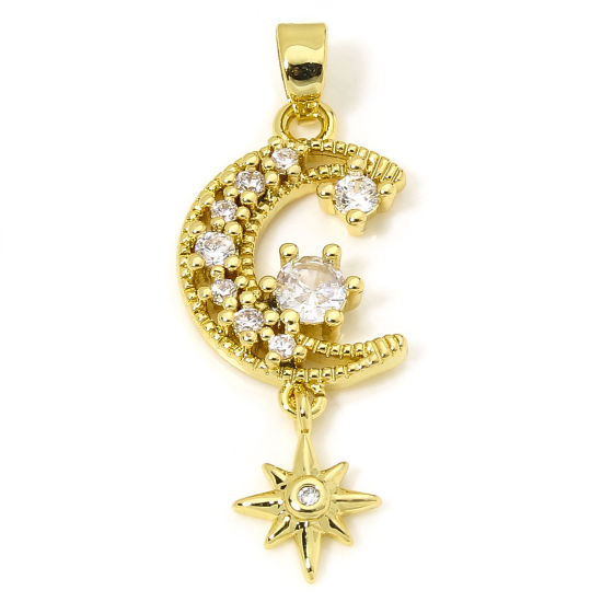 Picture of 1 Piece Brass Galaxy Pendants 18K Gold Plated Half Moon Star Micro Pave Clear Rhinestone 3.4cm x 1.3cm