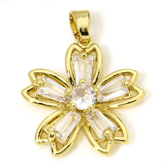 Picture of 1 Piece Brass Charm Pendant 18K Gold Plated Sakura Flower Clear Rhinestone 24mm x 19mm