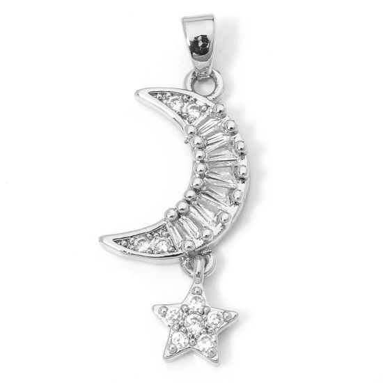 Picture of 1 Piece Brass Galaxy Pendants Platinum Plated Half Moon Star Micro Pave Clear Rhinestone 3.2cm x 1.2cm