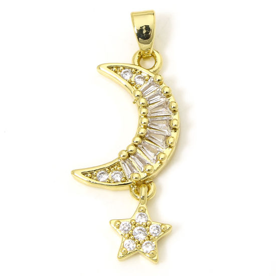 Picture of 1 Piece Brass Galaxy Pendants 18K Gold Plated Half Moon Star 3.2cm x 1.2cm