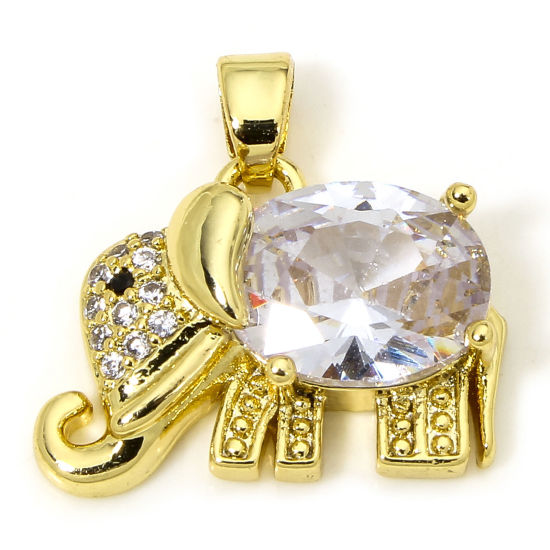 Picture of 1 Piece Brass Charm Pendant 18K Gold Plated Elephant Animal Micro Pave Clear Rhinestone 18mm x 17mm