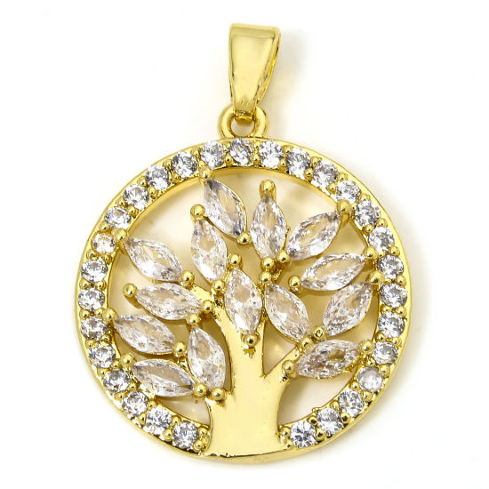 Picture of 1 Piece Brass Micro Pave Disc Charm Pendant 18K Gold Plated Round Tree Hollow Clear Rhinestone 26mm x 19mm