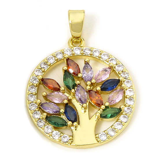 Picture of 1 Piece Brass Micro Pave Charm Pendant 18K Gold Plated Round Tree Hollow Multicolor Rhinestone 26mm x 19mm