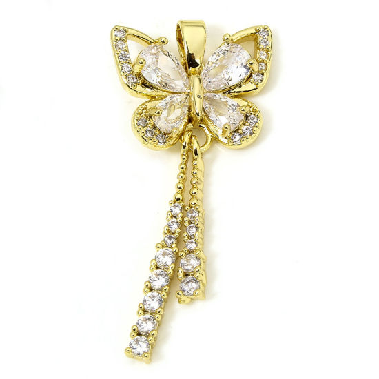 Picture of 1 Piece Brass Insect Pendants 18K Gold Plated Butterfly Animal Tassel Micro Pave Clear Rhinestone 3.7cm x 1.6cm