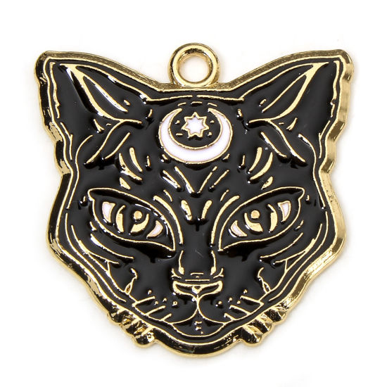 Picture of 10 PCs Zinc Based Alloy Halloween Charms Gold Plated Black & White Cat Enamel 25mm x 25mm