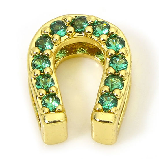 Immagine di 1 Pz Ipoallergenico Ottone Squisito Perline per la Creazione di Gioielli con Ciondoli Fai-da-te Placcato Oro 18K Ferro di Cavallo Micro Spianare Verde Cubic Zirconiae Circa 8.5mmx 7mm, Foro:Circa 6mm