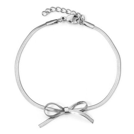 Picture of Vacuum Plating 304 Stainless Steel Flat Snake Chain Bracelets Bowknot With Lobster Claw Clasp And Extender Chain 16cm(6 2/8