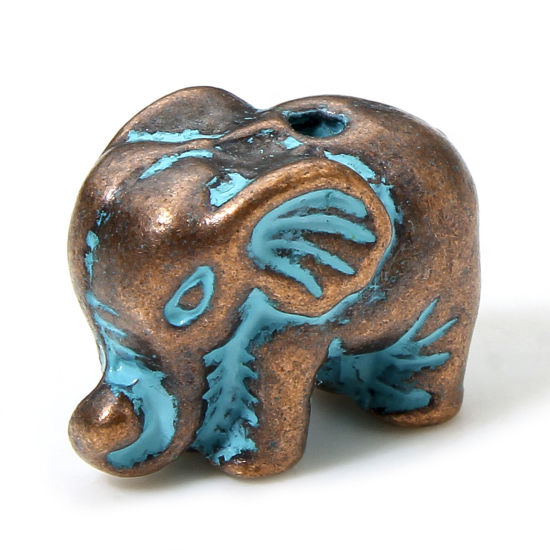 Bild von 20 Stück Zinklegierung Patina Zwischenperlen Spacer Perlen für die DIY-Schmuckherstellung Rotkupferfarbe Blau Elefant ca. 13mm x 9.5mm, Loch:ca. 1.4mm