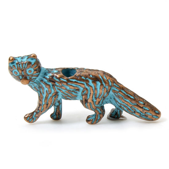 Bild von 20 PCs Zinc Based Alloy Spacer Beads For DIY Charm Jewelry Making Antique Copper Blue Fox Animal Patina About 21mm x 13mm, Hole: Approx 1.4mm
