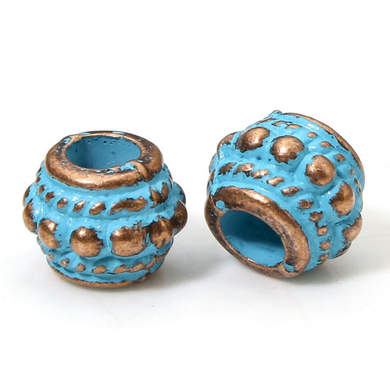 Bild von 20 PCs Zinc Based Alloy Patina Spacer Beads For DIY Charm Jewelry Making Antique Copper Blue Drum About 8mm x 7mm, Hole: Approx 3.4mm