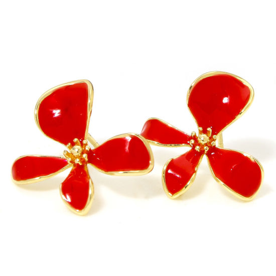 Bild von 1 Paar Hypoallergen Messing Retro Ohrringzubehör 18K Gold Plattiert Rot Blumen Message " Emaille " 20mm x 20mm, Drahtstärke: (20 gauge)