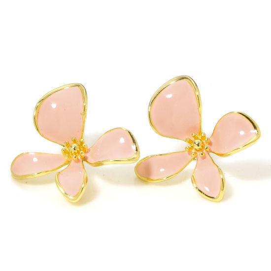 Bild von 1 Paar Hypoallergen Messing Retro Ohrringzubehör 18K Gold Plattiert Rosa Blumen Message " Emaille " 20mm x 20mm, Drahtstärke: (20 gauge)