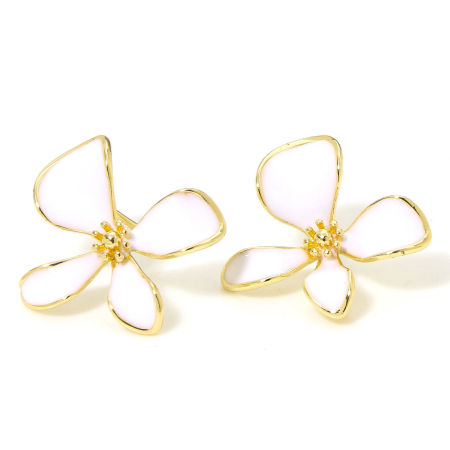 Picture of 1 Pair Hypoallergenic Brass Enamel Ear Post Stud Earrings 18K Gold Plated White Flower With Loop 20mm x 20mm, Post/ Wire Size: 0.8mm(20 gauge)