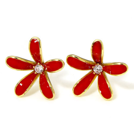 Image de 1 Paire Boucles d'Oreilles Puces Hypoallergénique en Laiton Émail Plaqué Or 18K Rouge Fleur à Zirconia Cubique Clair avec Boucle 17mm x 17mm, Epaisseur de Fil: 0.8mm(taille 20)