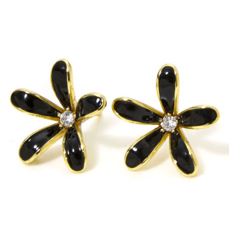 Image de 1 Paire Boucles d'Oreilles Puces Hypoallergénique en Laiton Émail Plaqué Or 18K Noir Fleur à Zirconia Cubique Clair avec Boucle 17mm x 17mm, Epaisseur de Fil: 0.8mm(taille 20)