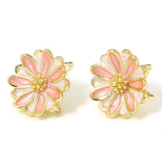 Bild von 1 Paar Hypoallergen Messing Retro Ohrringzubehör 18K Gold Plattiert Weiß & Rosa Blumen Message " Emaille " 11mm x 11mm, Drahtstärke: (20 gauge)