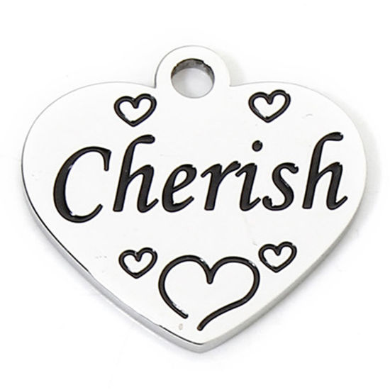 Picture of 1 Piece 304 Stainless Steel Charms Silver Tone Heart Message " Cherish " Corrosion 20mm x 19mm