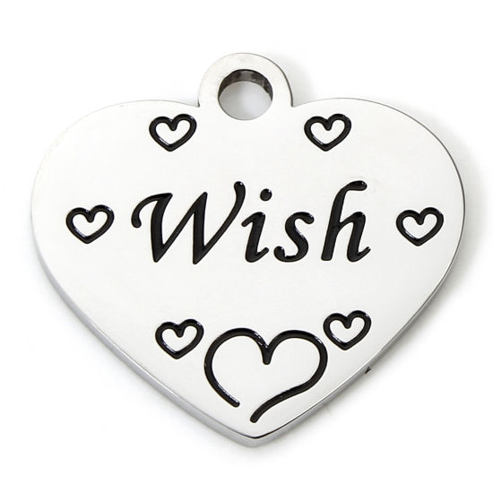 Picture of 1 Piece 304 Stainless Steel Charms Silver Tone Heart Message " Wish " Corrosion 20mm x 19mm