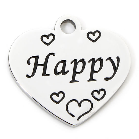 Picture of 1 Piece 304 Stainless Steel Charms Silver Tone Heart Message " Happy " Corrosion 20mm x 19mm