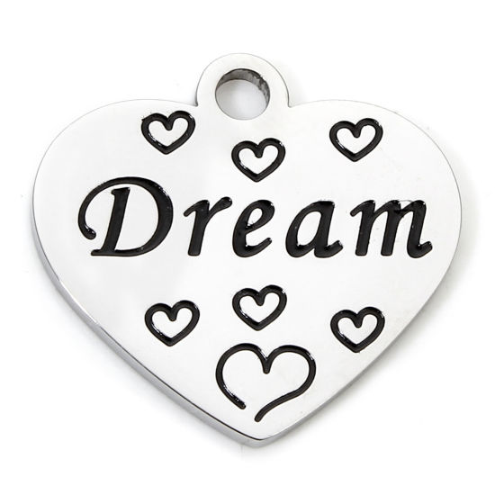 Picture of 1 Piece 304 Stainless Steel Charms Silver Tone Heart Message " Dream " Corrosion 20mm x 19mm