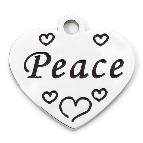 Изображение 1 Piece 304 Stainless Steel Charms Silver Tone Heart Message " Peace " Corrosion 20mm x 19mm