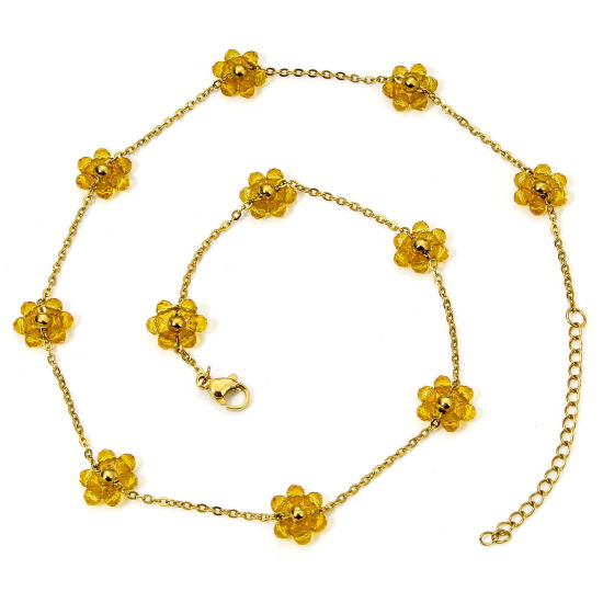Picture of 1 Piece Vacuum Plating 304 Stainless Steel Beaded Chain Necklace 18K Gold Plated Yellow Flower With Lobster Claw Clasp And Extender Chain 39cm(15 3/8") long