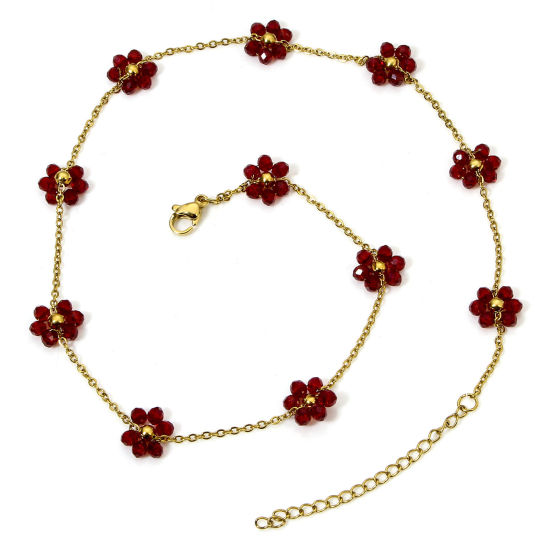Picture of 1 Piece Vacuum Plating 304 Stainless Steel Beaded Chain Necklace 18K Gold Plated Dark Red Flower With Lobster Claw Clasp And Extender Chain 39cm(15 3/8") long